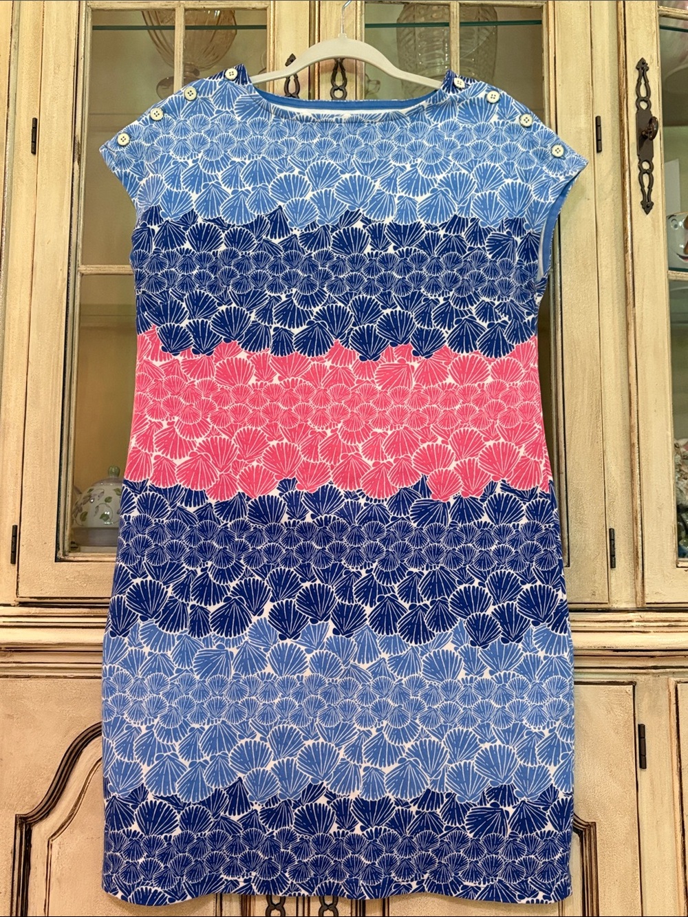 EUC 100% Cotton Talbots Blue and Pink Shell-Print Shift Dress